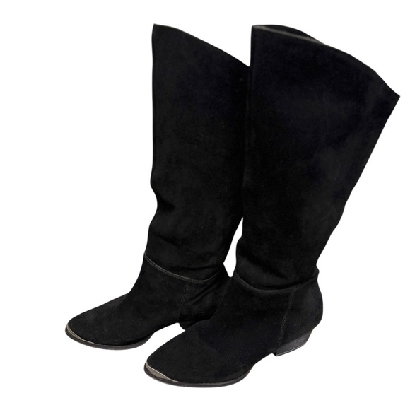 Vintage Y2K 90’s Slouchy Black Western Boho Slouchy Suede Silver Toe Tap Boots - Picture 4 of 16